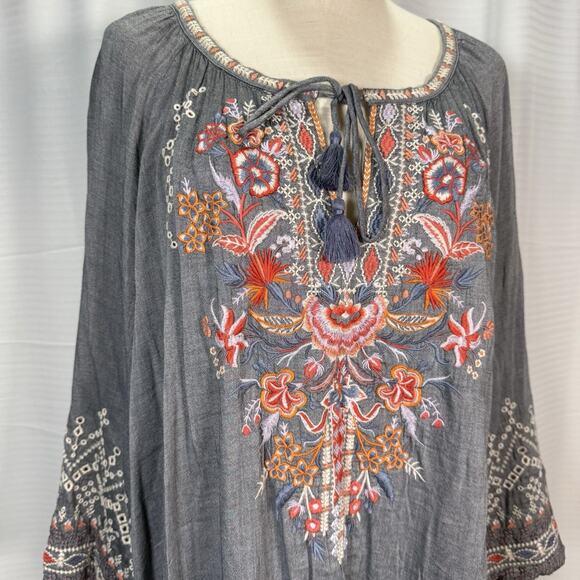Johnny Was Embroidered Ellington Peasant Dress Size XL Boho Floral Gray - Picture 2 of 10